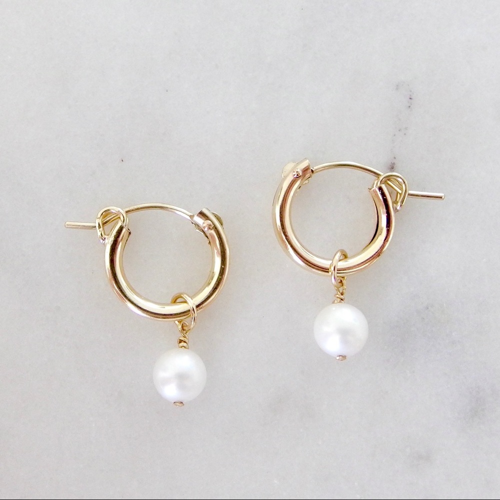 Pearl huggie hoops 14k gold filled